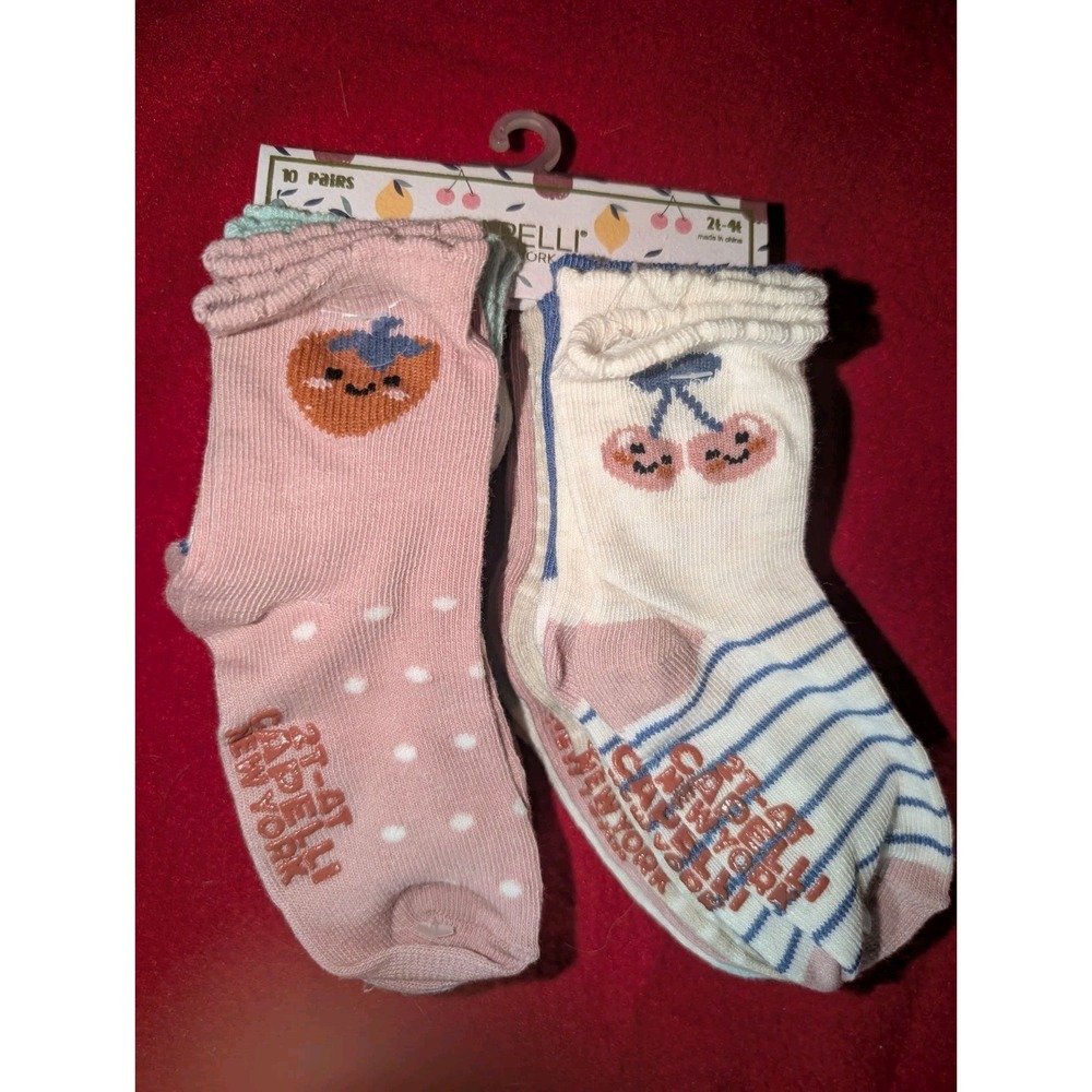Capelli New York Girls 10 Pack Cherry Berry Crew Socks 2T-4T Anti Slip NIP